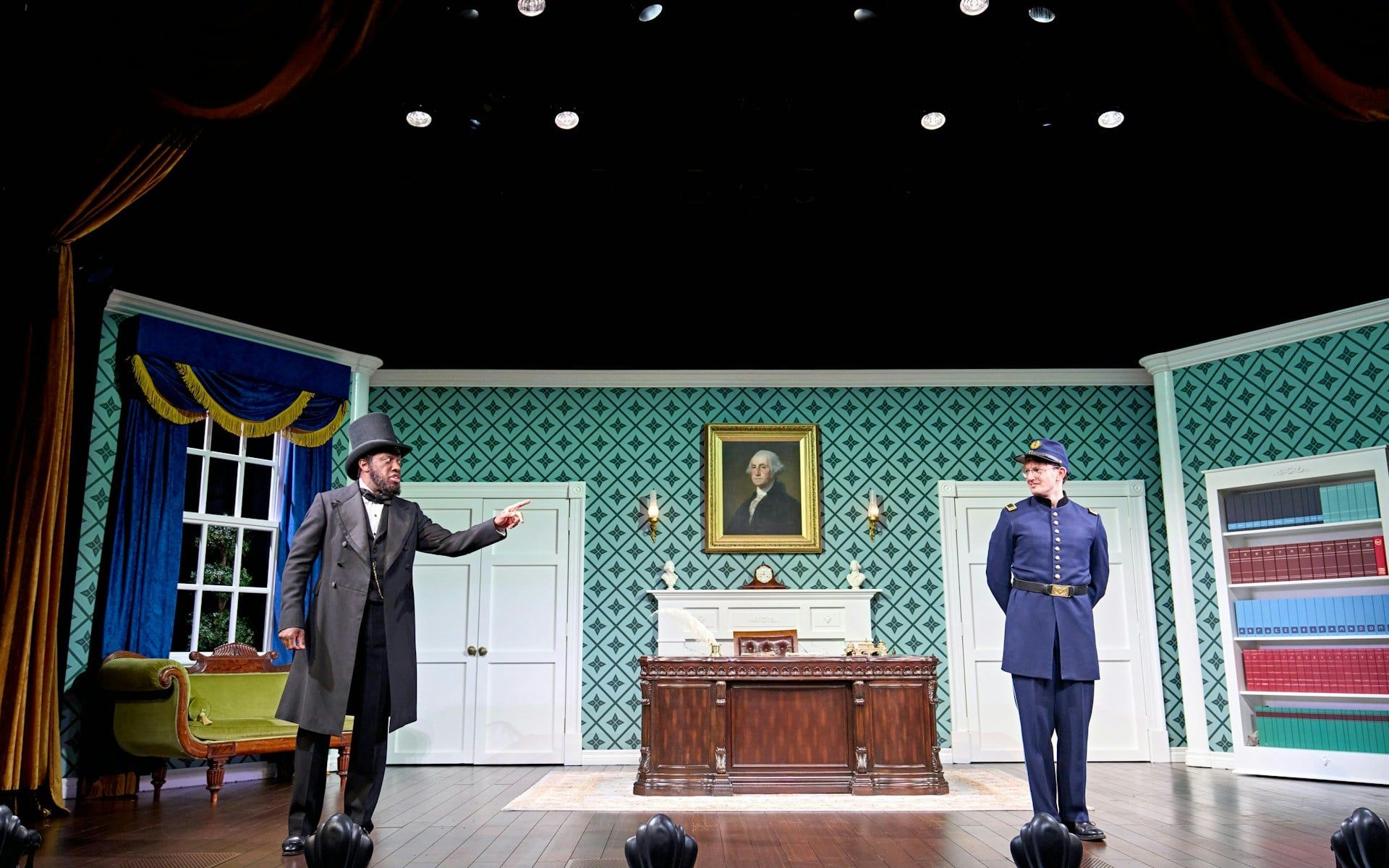 Stage scene from Oh, Mary Westend show with actors in period costumes