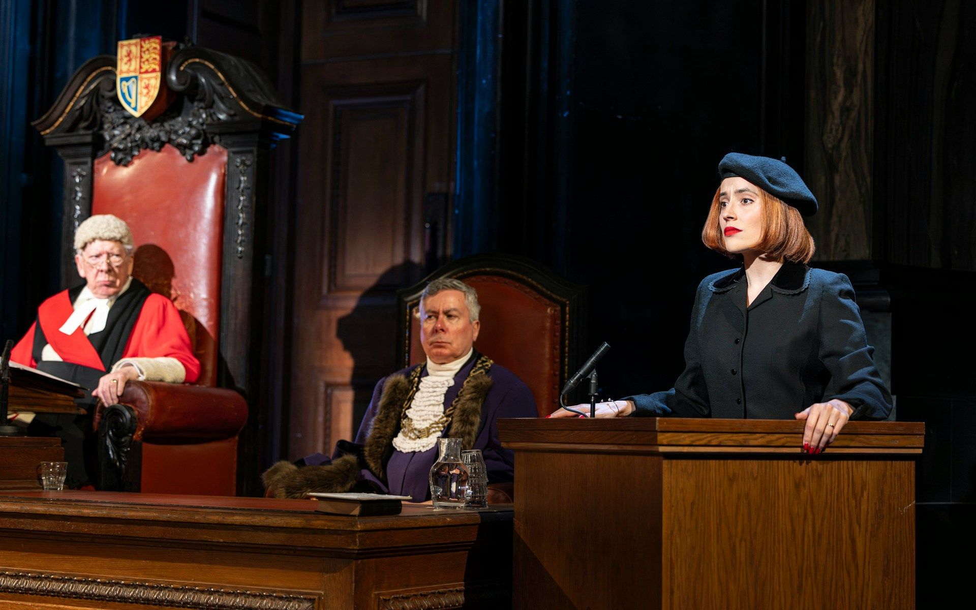 Courtroom scene from "Witness for the Prosecution" with actors in period costumes