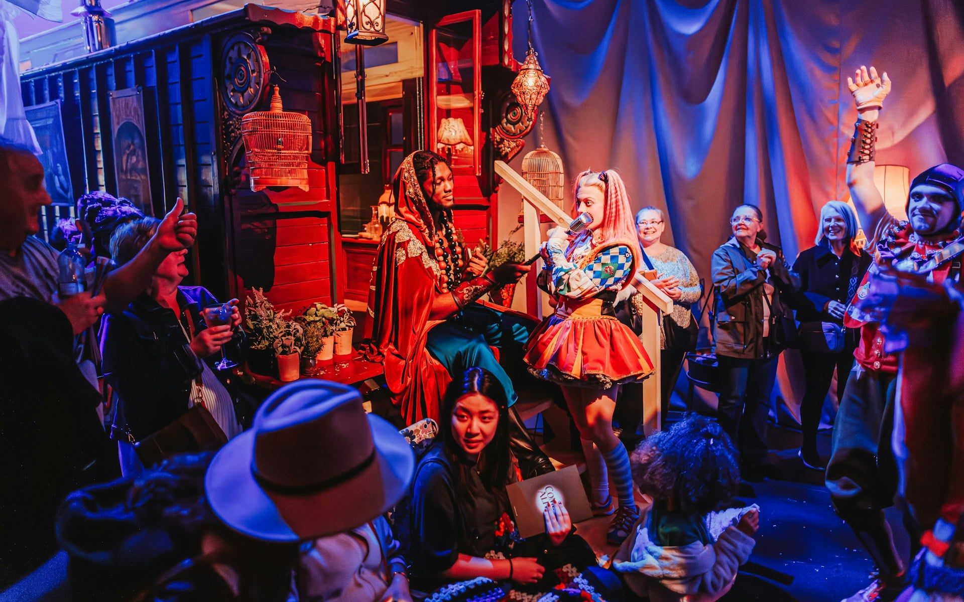 Performers interacting with audience during Come Alive Westend stage show
