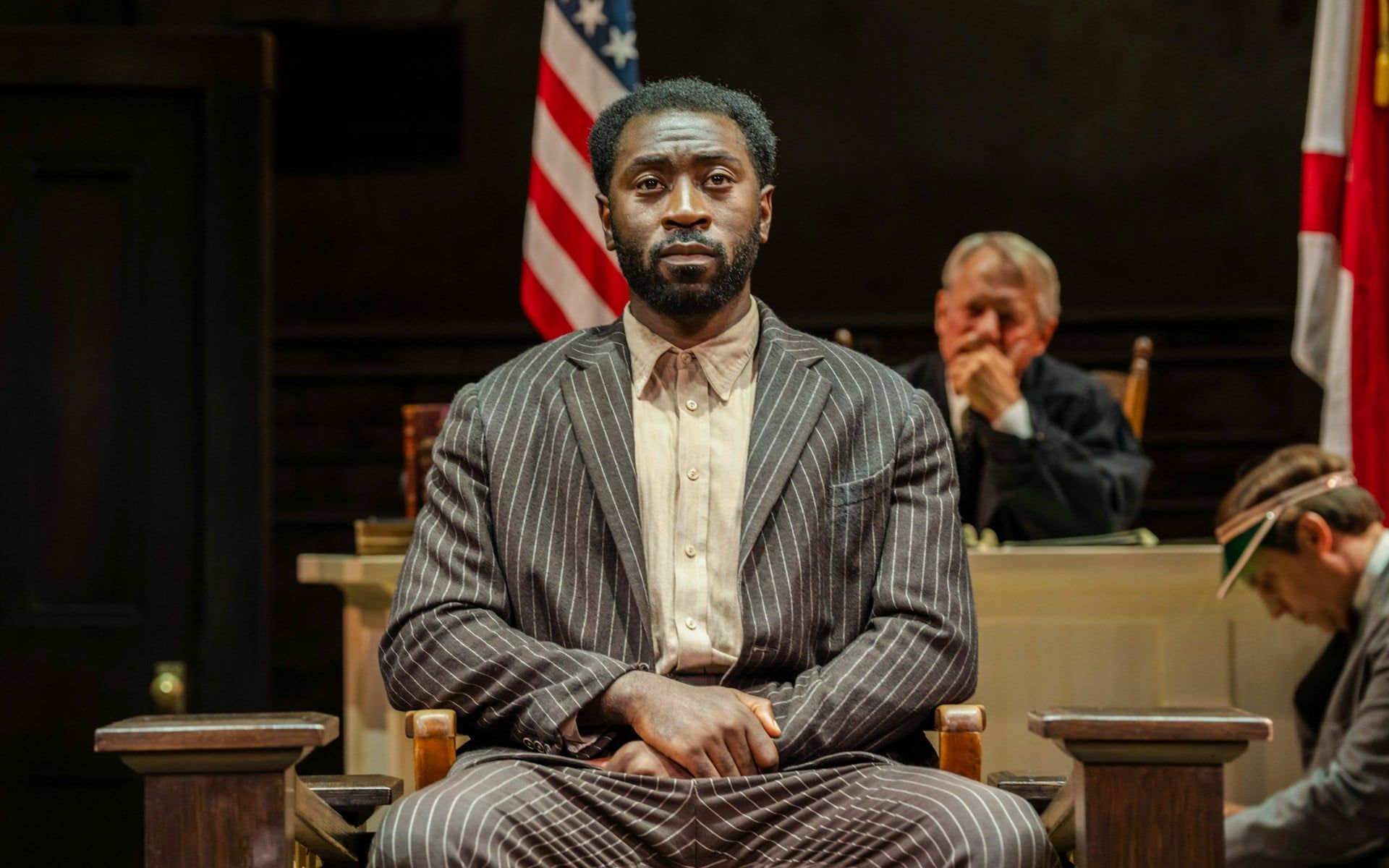 Actor in courtroom scene from "To Kill a Mockingbird" West End show