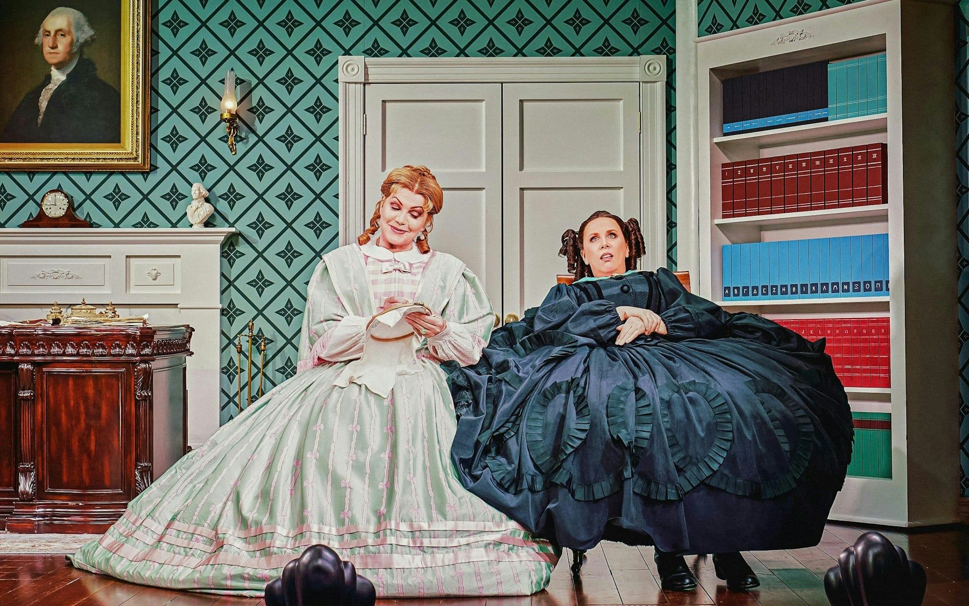 Actors in period costumes performing "Oh, Mary" at a Westend theater stage