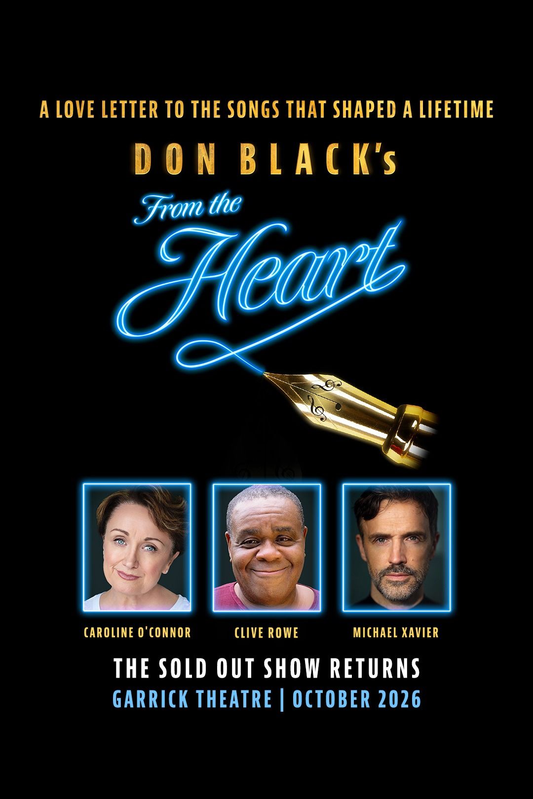 From The Heart key art with Caroline O'Connor, Clive Rowe and Michael Xavier, cast photos by Benji Finehaigh