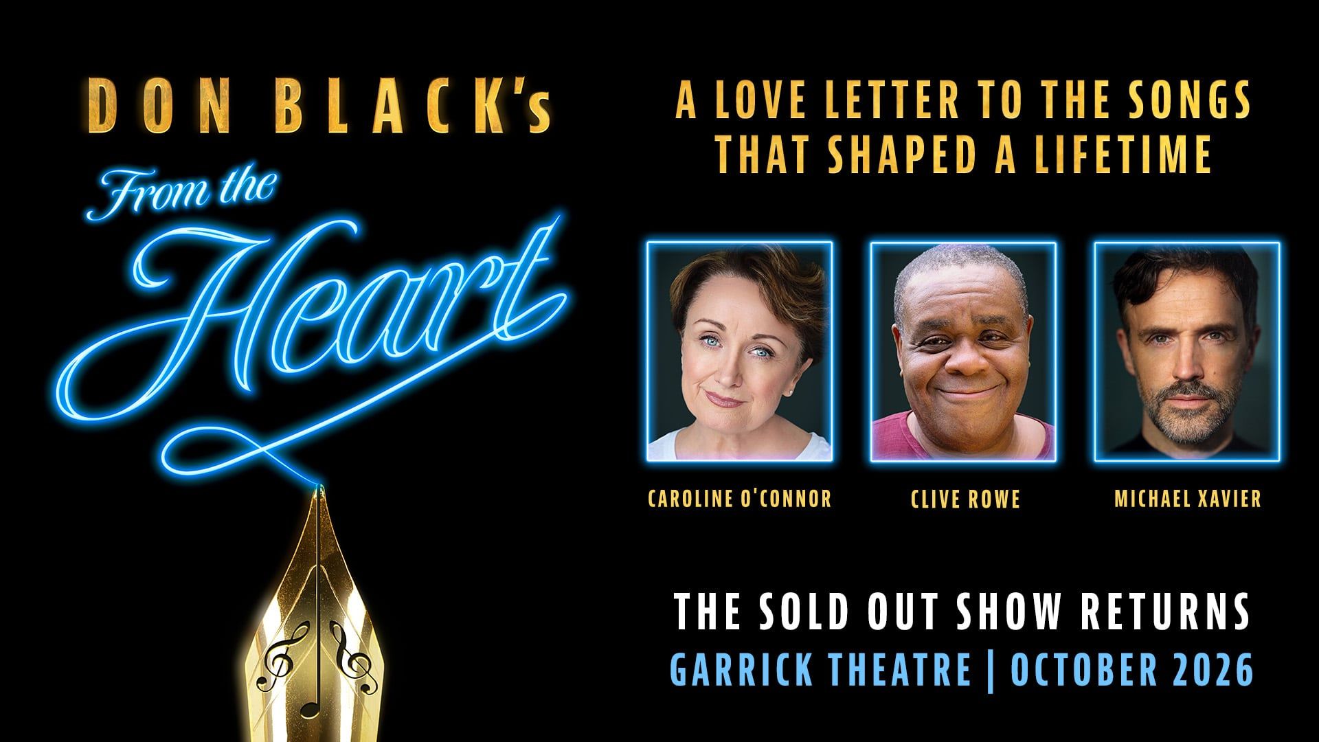 From The Heart key art with Caroline O'Connor, Clive Rowe and Michael Xavier, cast photos by Benji Finehaigh