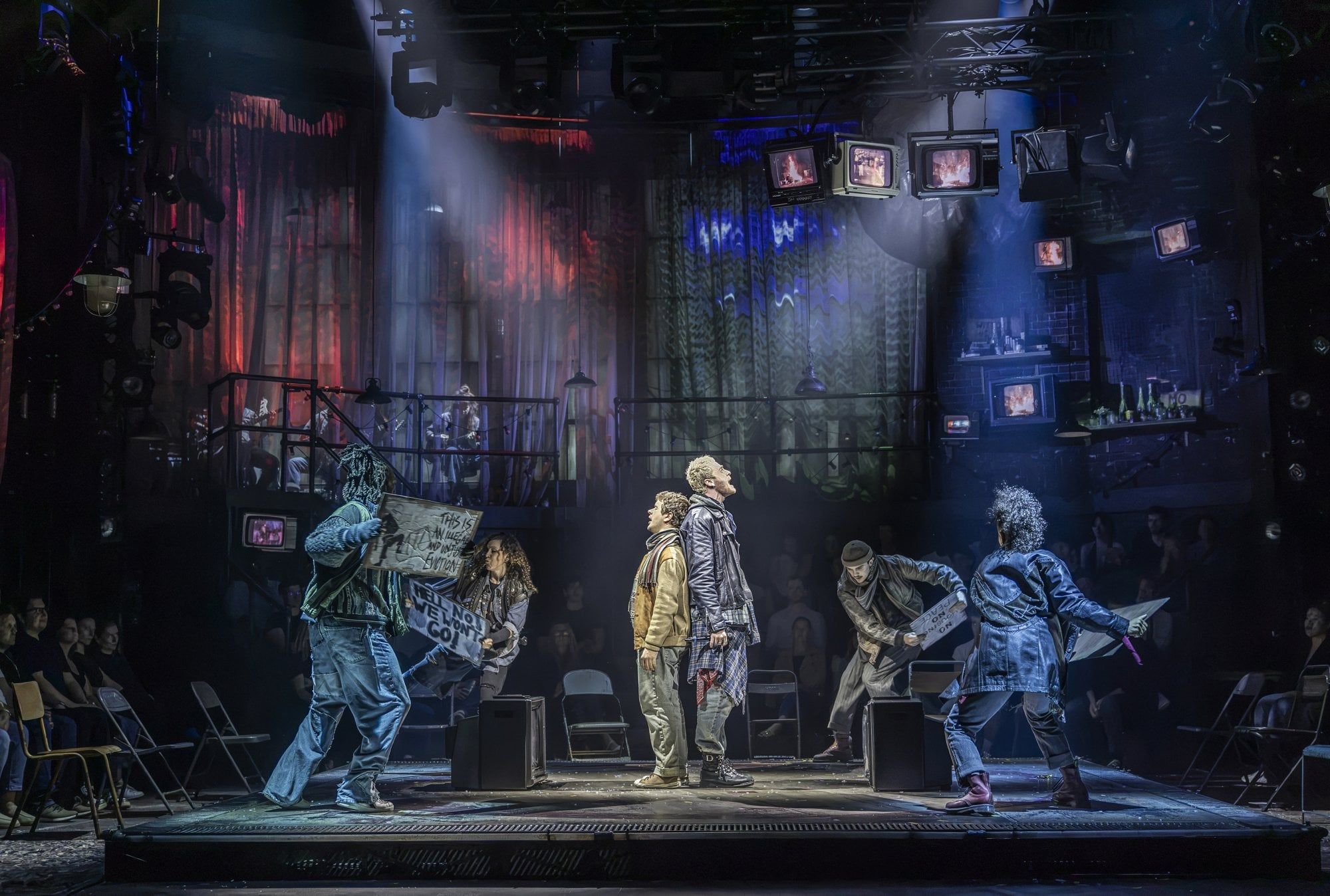 Gaten Matarazzo (Mark), Travis Ross (Roger) and Company in RENT at the Tom Stoppard Theatre. Photo: Pamela Raith