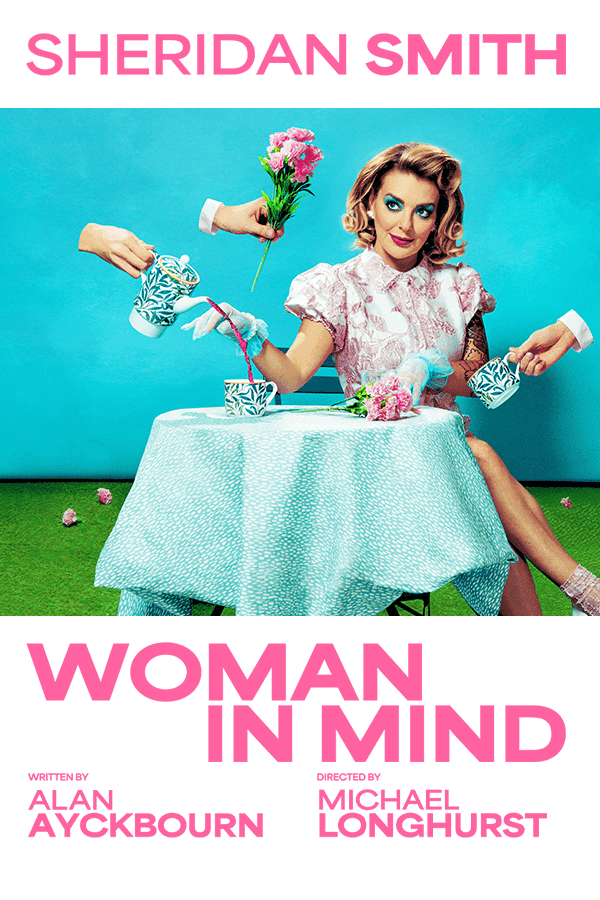 Sheridan Smith in vintage dress with teapot and flowers. Woman In Mind at the Duke of York's Theatre in London.