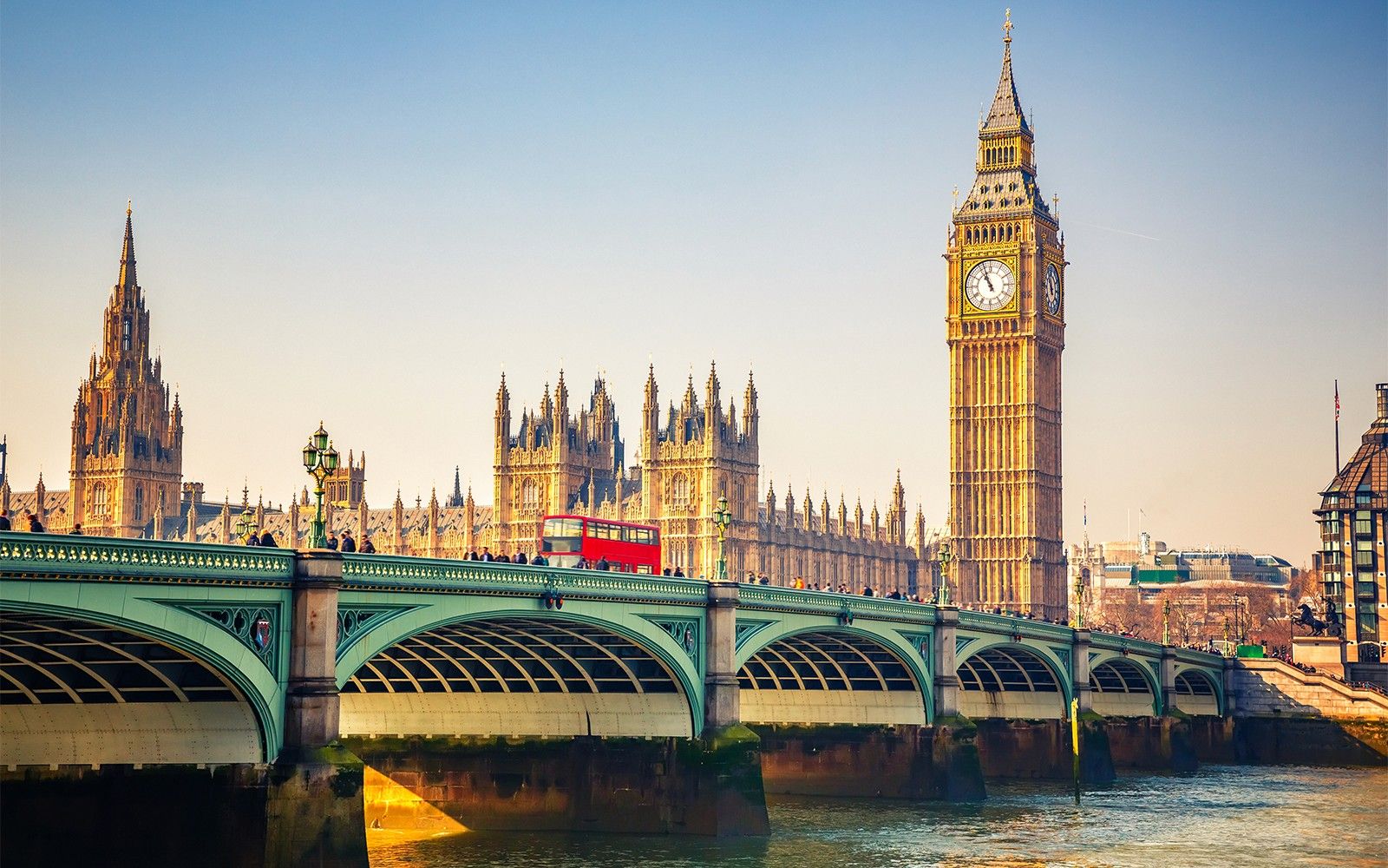 Westminster Bridge with Big Ben and Houses of Parliament in London.