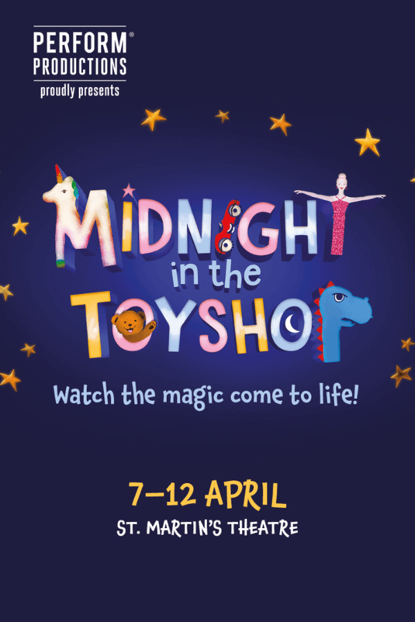 Midnight in the Toyshop West End show logo with stars and toy characters.