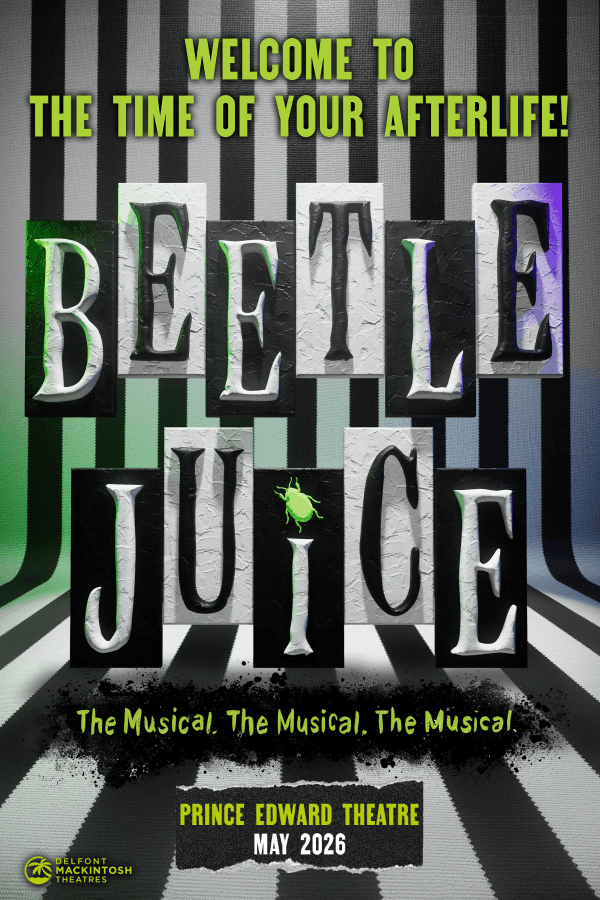 Beetlejuice West End show poster with striped background and green text.
