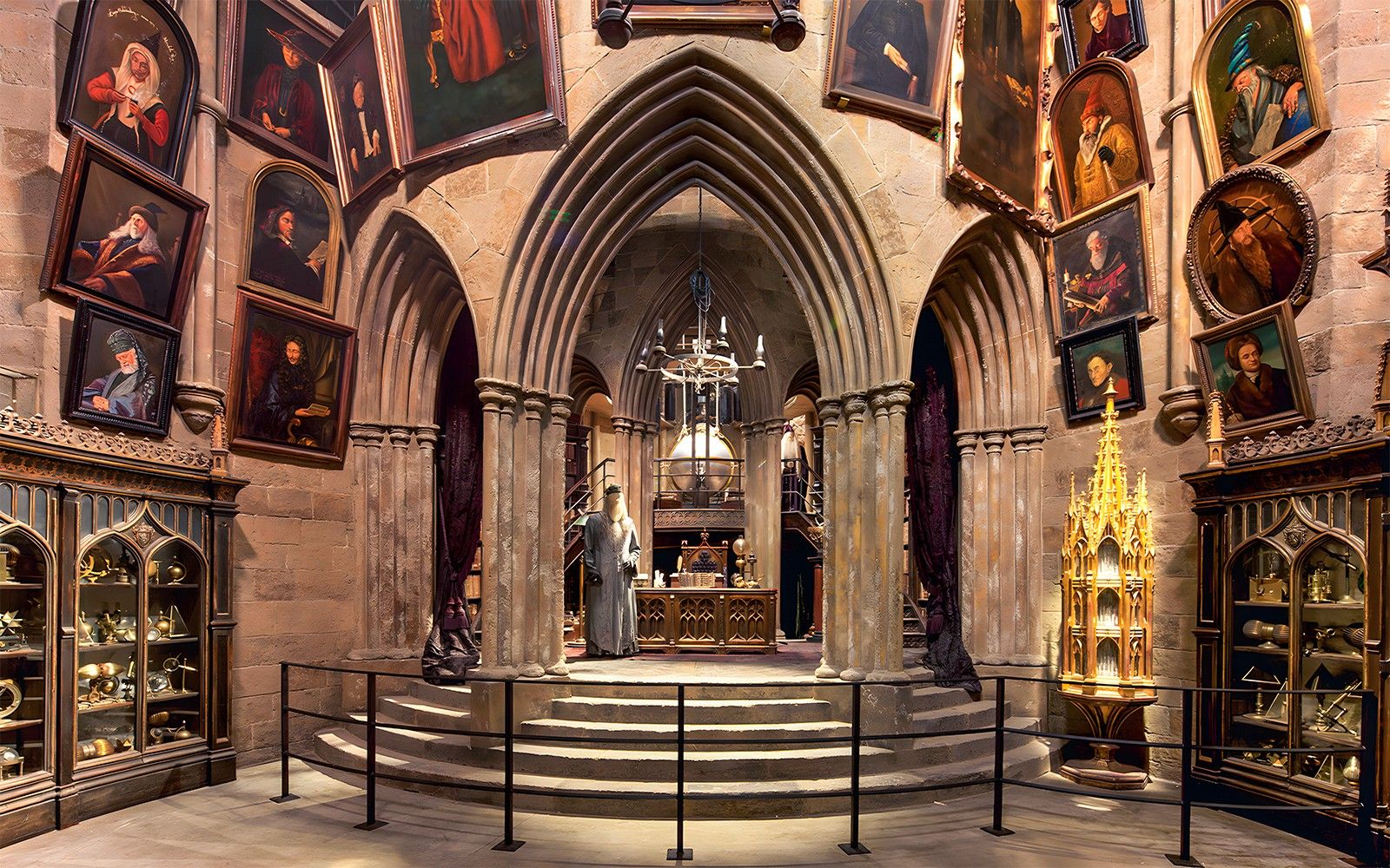 Costume exhibits in hall at Harry Potter London tour.