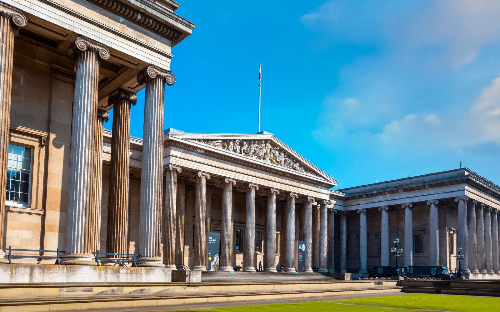 British Museum's neoclassical facade with columns in London, UK.