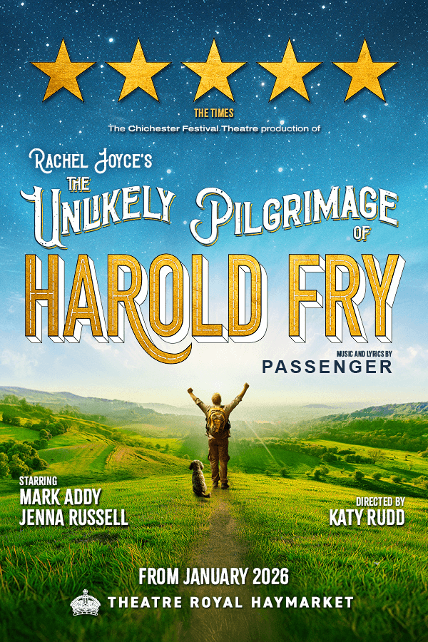 Harold Fry with backpack and dog overlooking green hills under a starry sky, promoting Westend show.