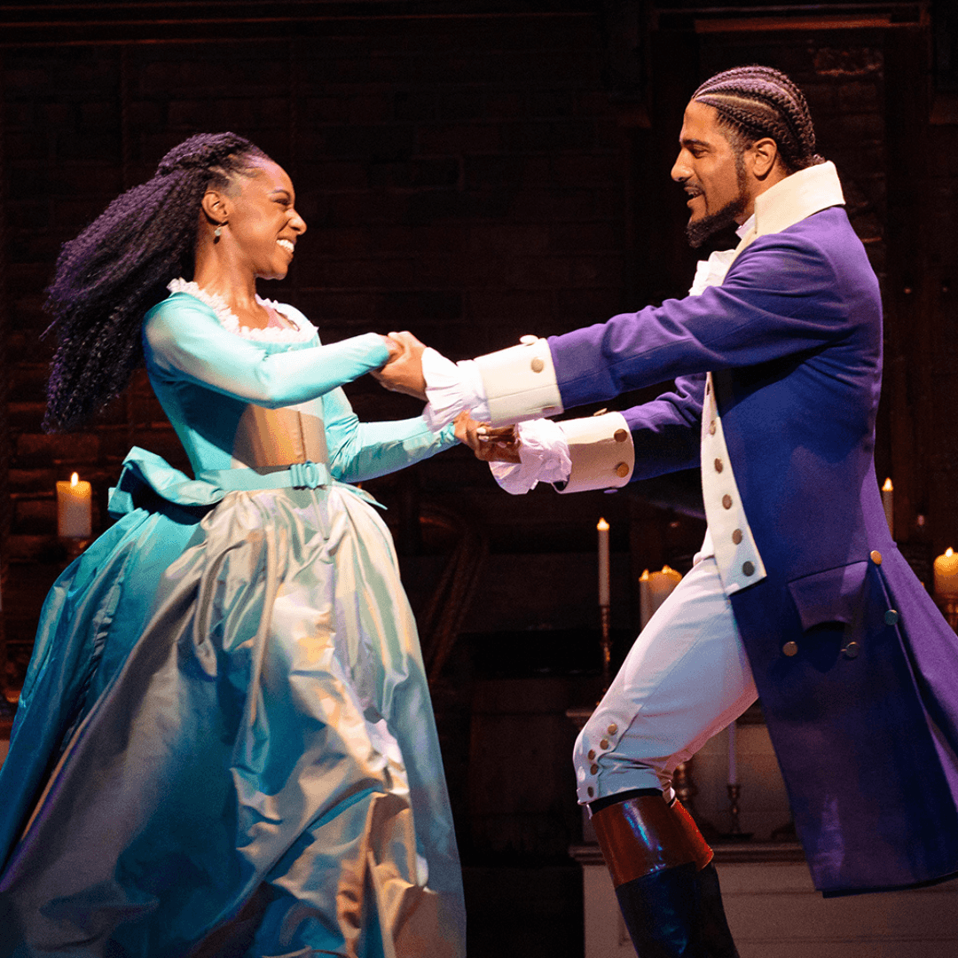 Stage set and lighting for Hamilton at its London West End theatre