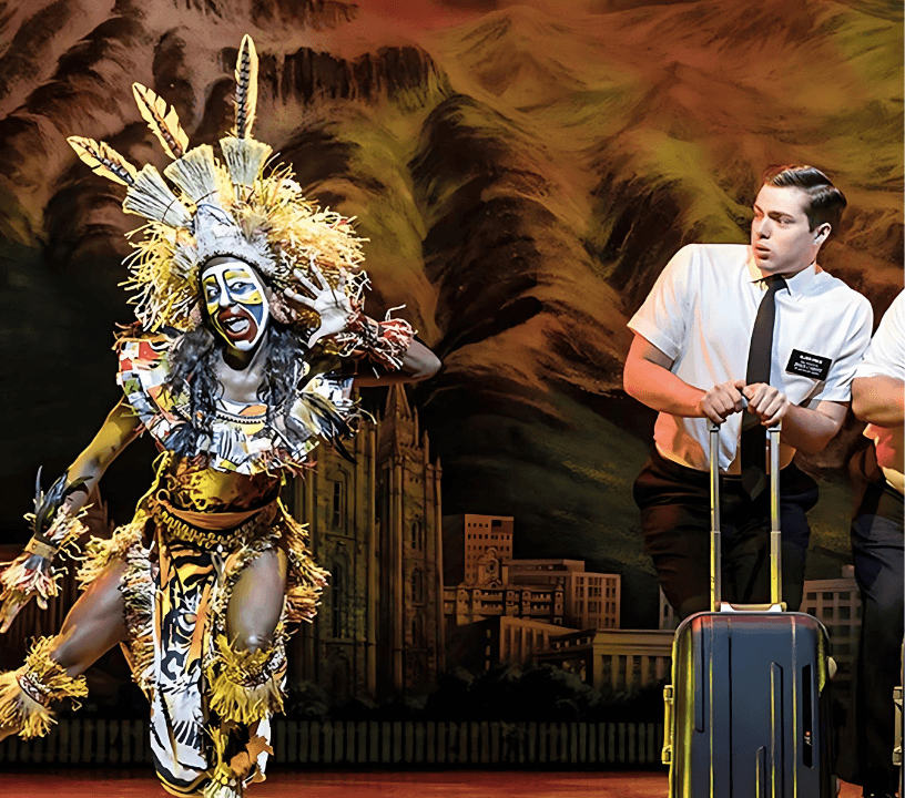 Stage set and lighting for The Book of Mormon at its London West End theatre