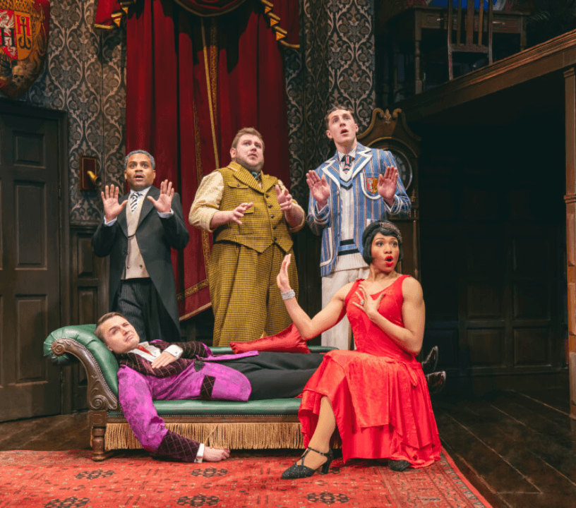 Stage set and lighting for The Play That Goes Wrong at its London West End theatre