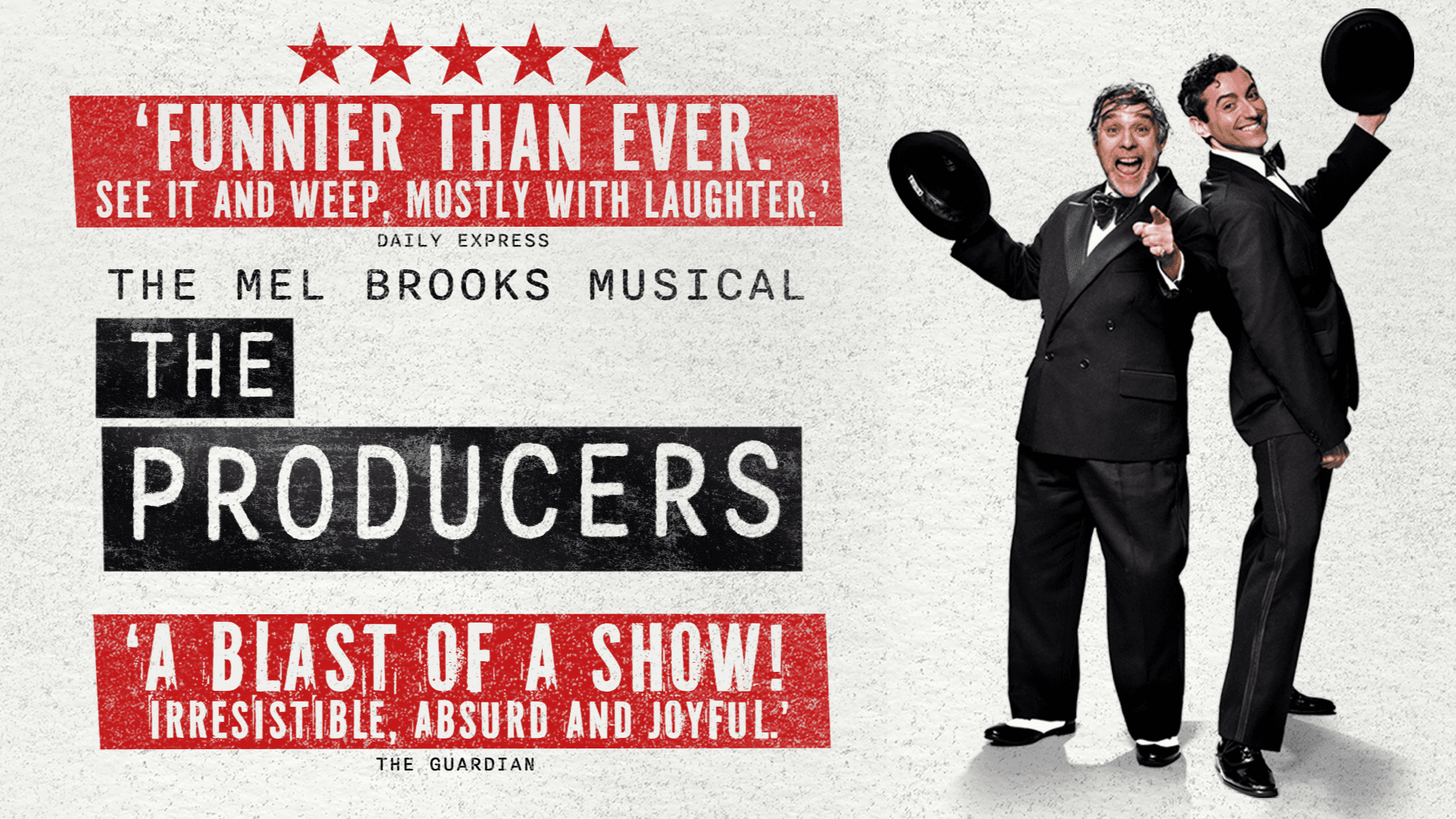The Producers musical theatre cast in costume during a live performance in London