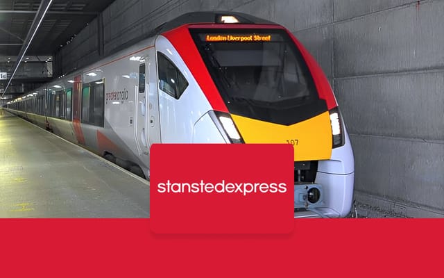 Stansted Express train at platform for London Liverpool Street route.